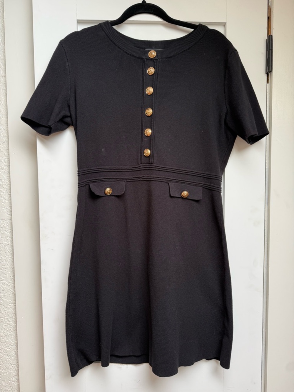 Classic Black Short-Sleeve Mini Dress with Gold Buttons